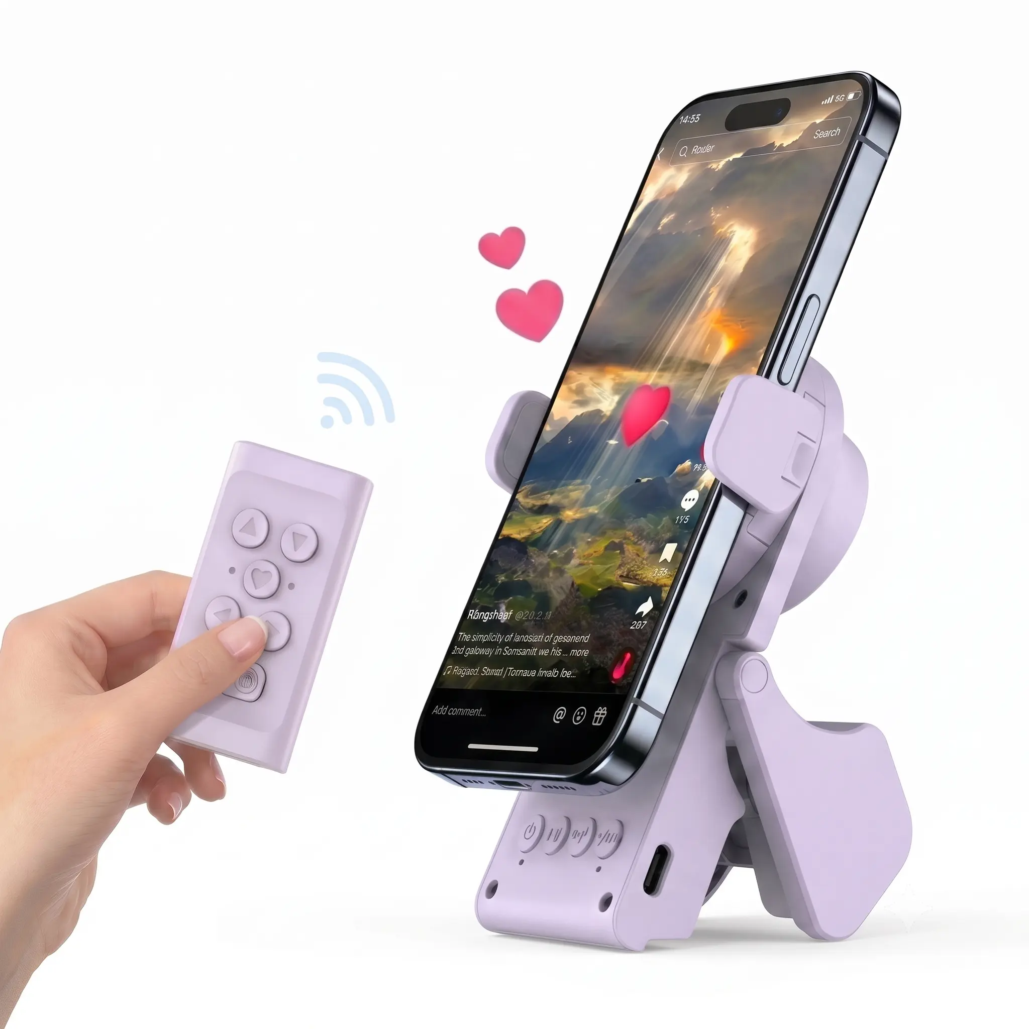 Multifunctional Bluetooth Remote Control with Foldable Phone Stand & Mini Bluetooth Speaker, E-Book Page Turner, Short Video Scrolling Controller, Selfie Shutter Compatible with iPhone, iPad & Android