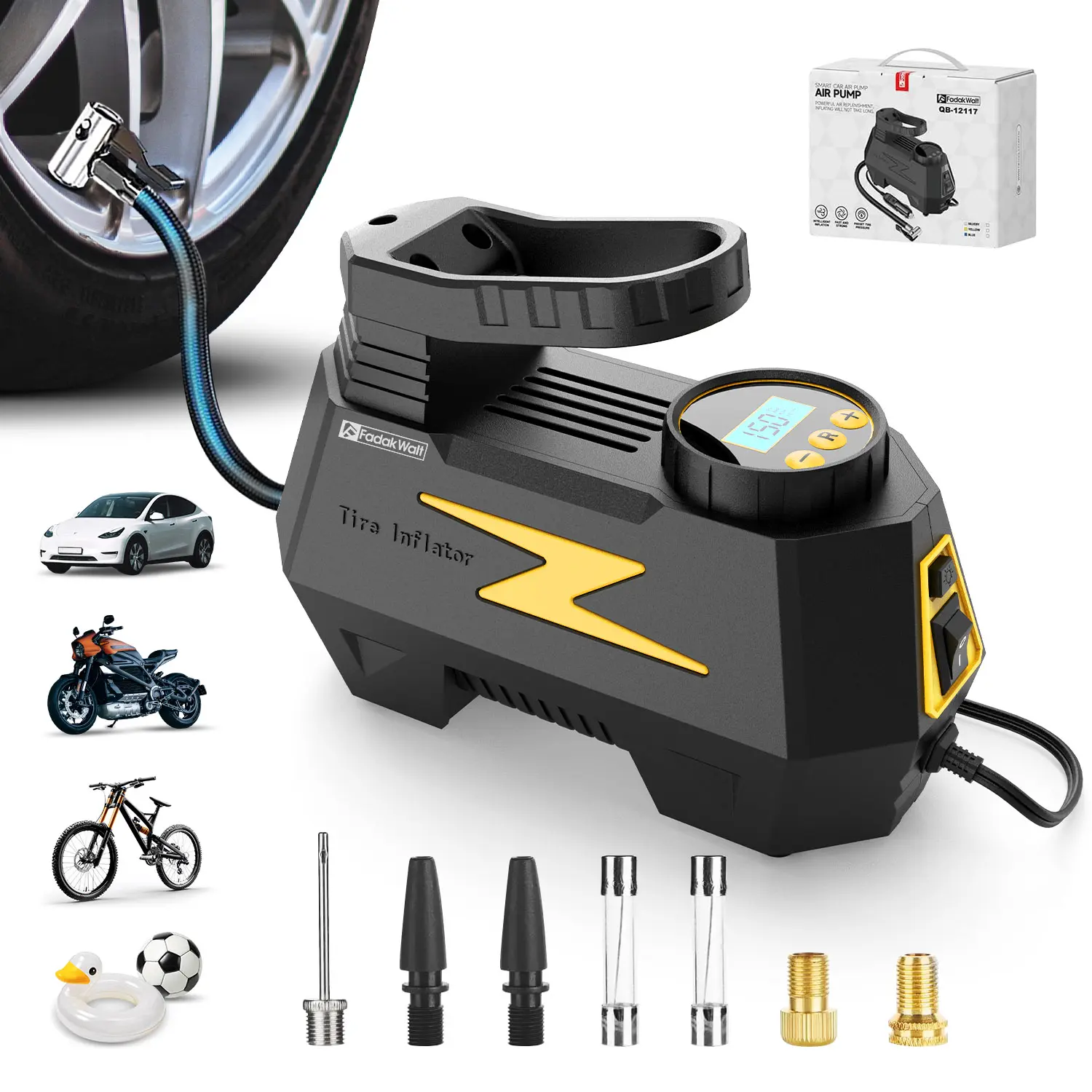 Fadakwalt Portable Digital Tire Inflator Tool - DC 12V Automotive Axle Tools, 150PSI Gauge, LED Display, 1.94 lbs, 9"l x 3.93"w x 5.31"h, Compact for Car, Motorcycle Use, Bike & Ball Ready, Car Accessory