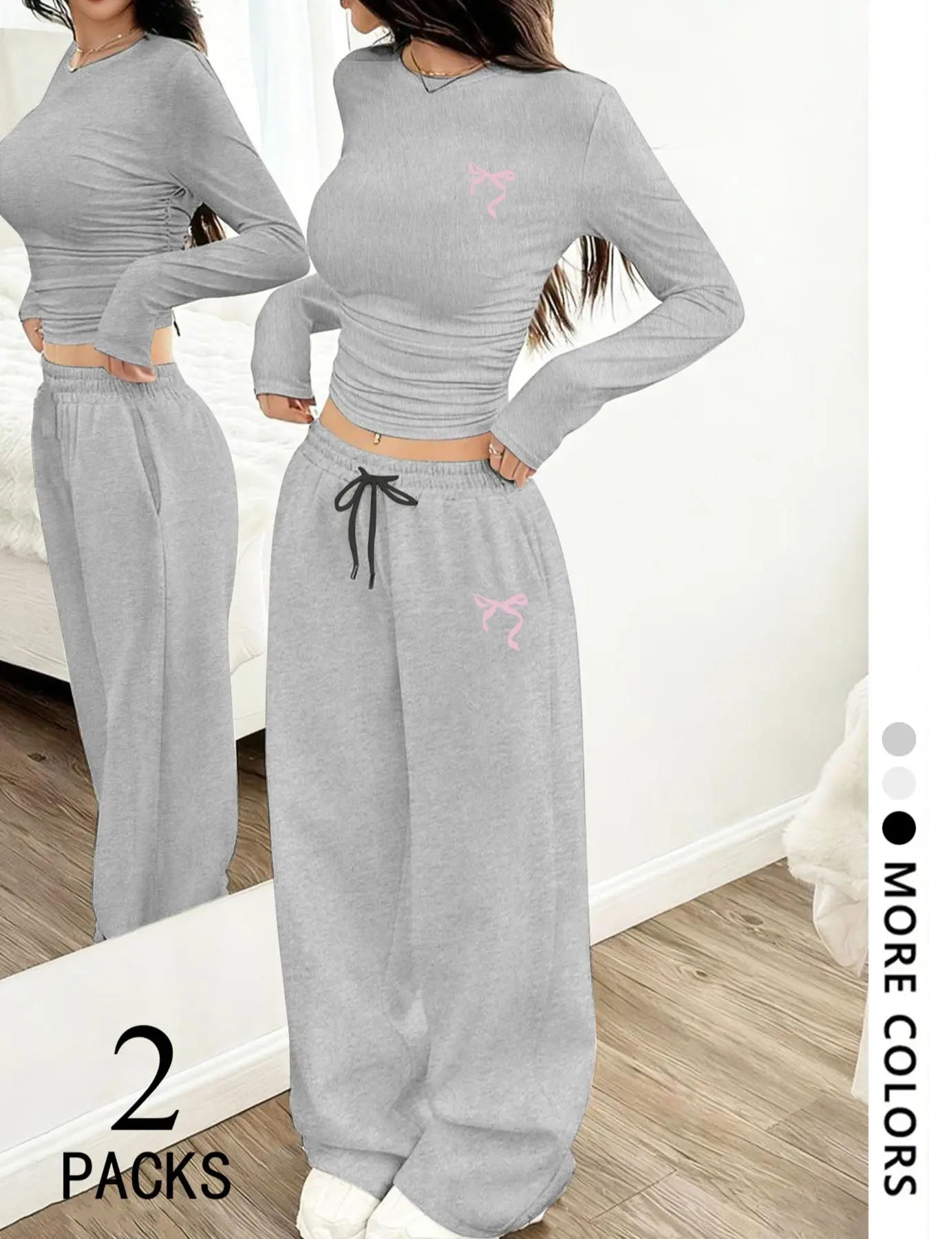 Women's 2-Pack Pink Bow Print Pajamas, Nightwear, Loungewear Set, Matching Pajama Set, Soft Stretchy Comfy Knit Fabric, Ruched Long Sleeve Crop Top & Drawstring High Waist Wide Leg Pants, Casual Daily Streetwear, Black White Grey