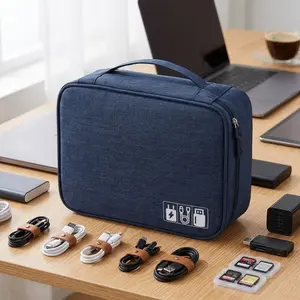 Multifunctional Waterproof Tech Organizer: Travel Cable Storage, Power Bank Case, Headphone Box, Travel Toiletries, and Toiletry Pouch. Portable Accessory Organizer for Students and Travelers. Easy-Clean Fabric with Handles Travel Organizer Bag.