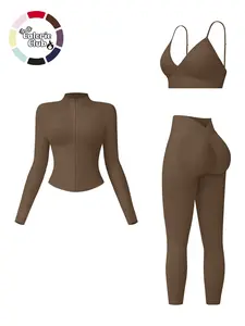 Women's Sporty Solid Color Set, Tightening Butt Lifting Tummy Control Three-Piece Set, Casual Fall & Winter Wear, Below the Knee Length
