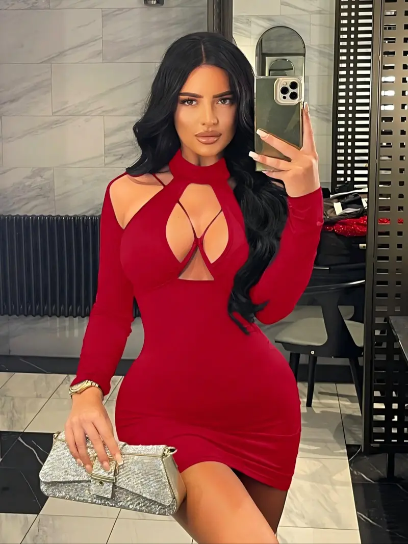 PLUS SIZE SEXY Red Cutout Mini Dress,Lace-Up,Long Sleeve,High Neck,Y2K Goth Vibes,2025 Cocktail Dress,Valentine's Gift