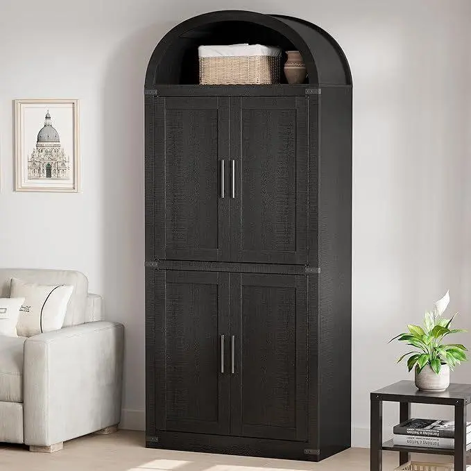 Arched Cabinet ,  Large Bookshelf with Doors, Arched Bookcase with Cabinets, 5 Tier Kitchen Cabinets for Dining Room，Black