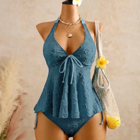 Women's Textured Halter Tankini Swimsuit, Comfortable Two-Piece Tankini Swimwear Set for Summer Vacations Swimsuits Tankini