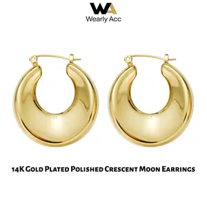 14K Gold Plated Chunky Crescent Moon Hoop Earrings, Polished Bold Gold Statement Earrings, Hypoallergenic Trendy Jewelry for Women, Everyday Wear & Party Gift