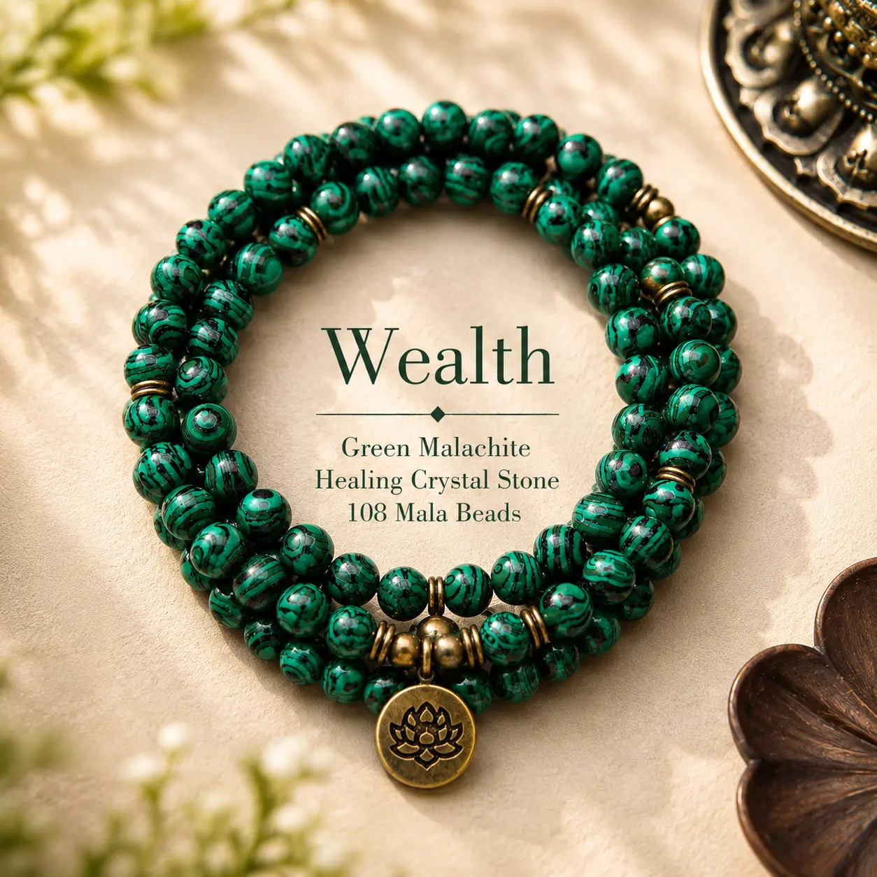Genuine Malachite Necklace with Lotus Charm, 8mm 108 Crystal Prayer Beads, 41.3 in Long Wrap Bracelet for Yoga, Spiritual Touch & Decorative Piece, Healing Crystals, Natural Stone