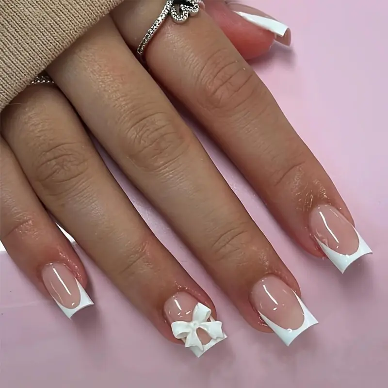 24pcs Press-On Nails Set, Nude French Bow Medium Square Shape Fake Nails, Includes Jelly Glue & File, Easy-To-Wear DIY Nail Look Nail Art Kit
