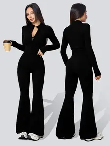 Women's Two-Piece Set, Sweatsuit Sets, Autumn Winter Knit Ribbed Stand Collar Zipper Jacket, High Waist Butt-Lifting Ribbed Flare Pants, Casual Yoga Gym Wear, Textured Sweatsuit