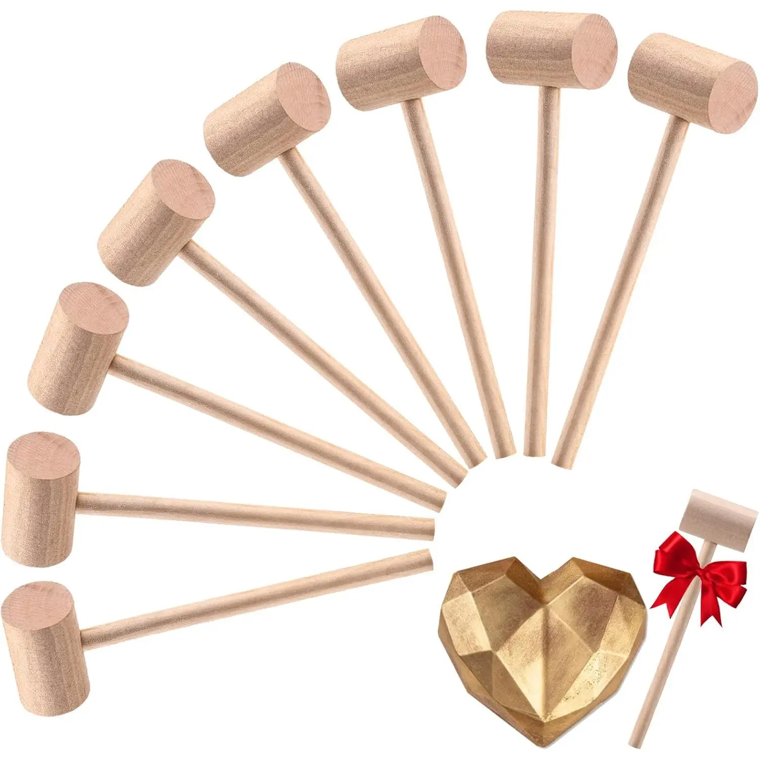Unisex 16-Pack Mini Natural Wood Hammers with Long Handles - Stable, Lightweight, Labor-Saving Solid Hardwood Mallets, Durable Hand Tools for Friends, Children, Chocolate Breakable Hearts Cleaning Easy