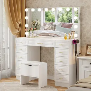 【Ship in 2 Boxes】VOWNER Glass Top Vanity with Bluetooth Speaker – LED Drawer Lighting & Removable Magnifying Mirror, 11 Drawers, Built-In Outlet, 3 Lighting Modes with Remote Dimming,Bedroom, White