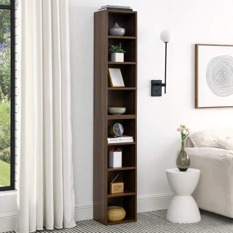 8-Tier Media Tower Rack, CD DVD Slim Storage Cabinet with Adjustable Shelves, Multi Functional Tall Narrow Bookcase Display Bookshelf for Home Office, Walnut