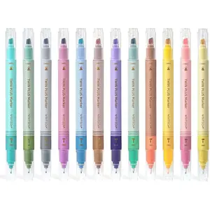 WRITECH Dual Tip Highlighter Markers: Aesthetic Fine & Chisel Tip Pastel Vintage Marker Multicolor Pens Pack No Bleed & Smear for Bible Highlighting Journaling, Assorted Colors 12ct