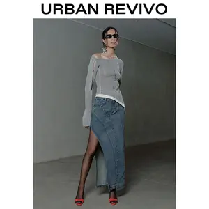 URBAN REVIVO Women's Deconstructed Denim Half Skirt  UWA840021 Casual Outfit 2025 Women Clothing Girl Elegant Fashion Trendy and Versatile OOTD