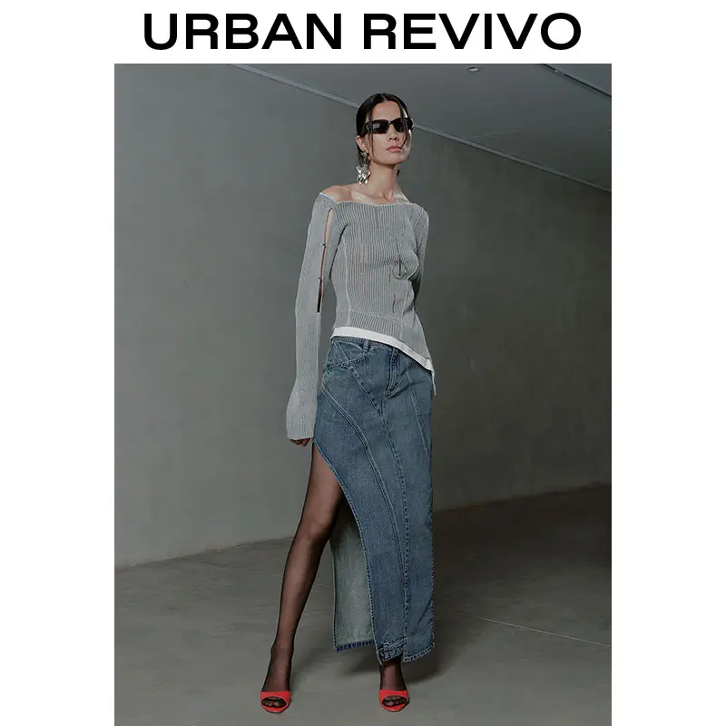 URBAN REVIVO Women's Deconstructed Dark Wash Denim Skirt - Mid-Length Slim-Fitting Bottom, Casual Elegant & Easy to Style, Mid Length, Easy To Style, Mid-Length Cut Balances Coverage