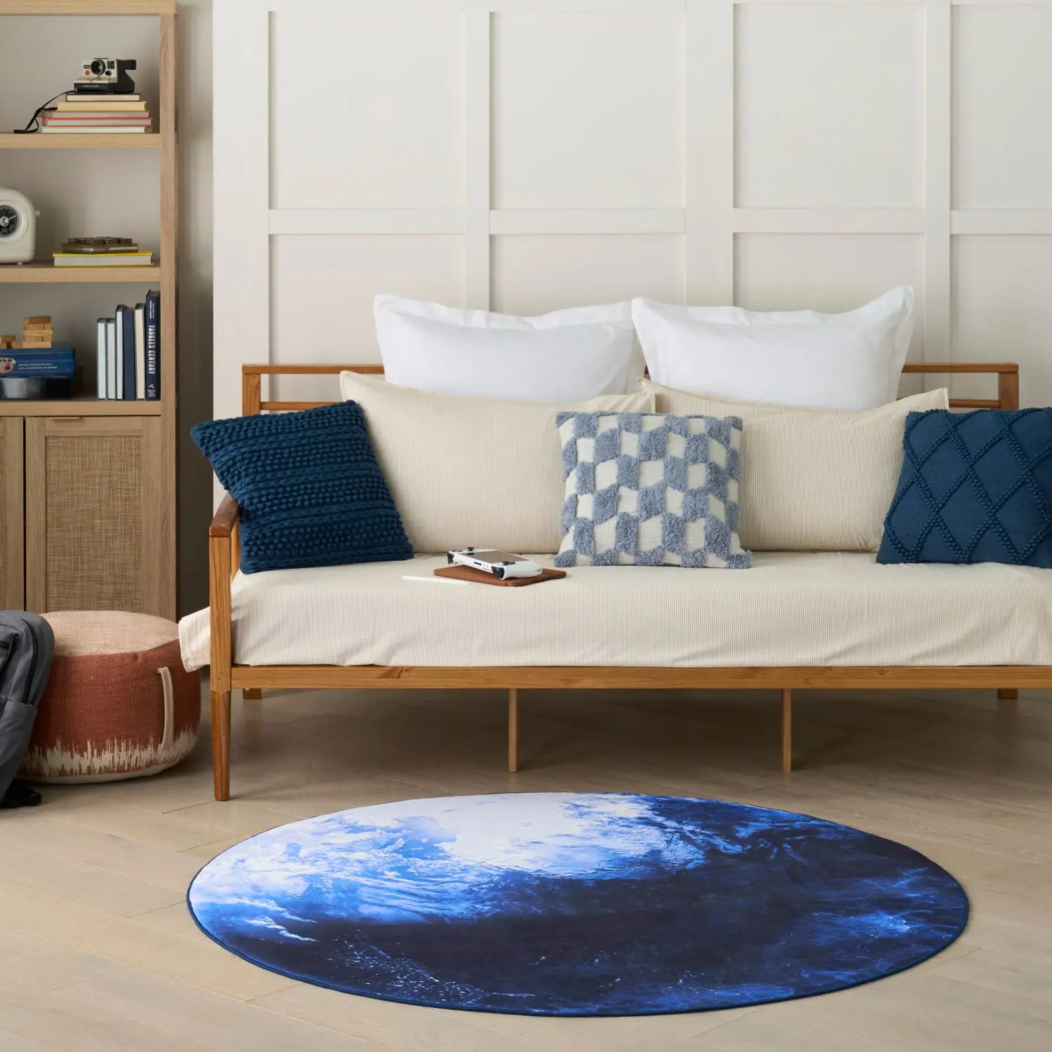 Nourison Imagination Moon Round Blue Earth Motif Planet-Themed Kids Area Rug - 5' Size, Soft Textile, Lightweight Non-Slip, Machine Washable, for Kid Room, Bedroom Indoor Use
