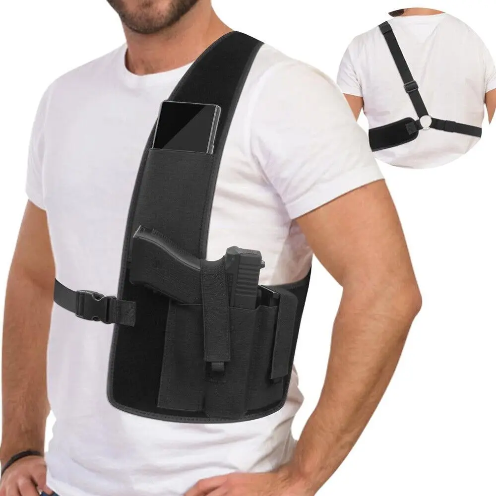 Men's Modern Low-Profile Chest Holster - Adjustable Breathable Neoprene Shoulder Rig, Right-Hand Draw, Secure, Invisible Under Tee, Trigger Cover, Fits 35-55 In, for Running, Jogging, Walking, Hunting Gear Accessories