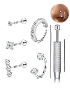 20G CZ Horseshoe Nose Ring — Hypoallergenic 316L Stainless Steel — Threadless Push-Fit Labret Stud & Flat-Back Nose Stud — Rhinestone-Embellished Adjustable Nose Ring, Tragus, and Helix Piercing Jewelry