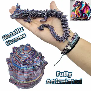 13" Metallic Chrome Rainbow Rainbow 3D Printed Articulated Desk Fidget Crystal Dragon with Matching Egg - Durable PLA Plastic, Sensory Sensation