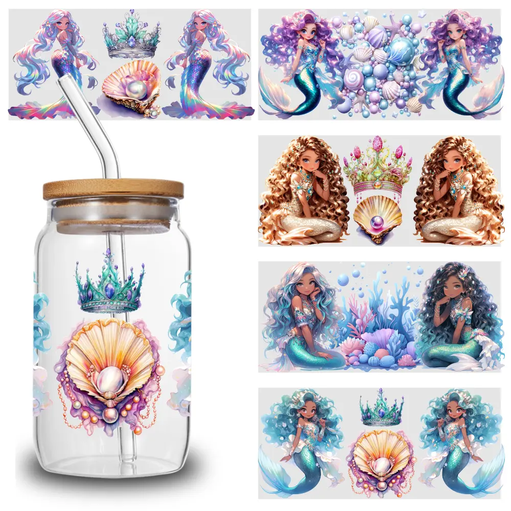 5 Sheets Mermaid Design UV DTF Stickers Suitable for 16 oz Glass Flower DIY Water Bottle Glass Flowers Art Valentine Mug Wrap