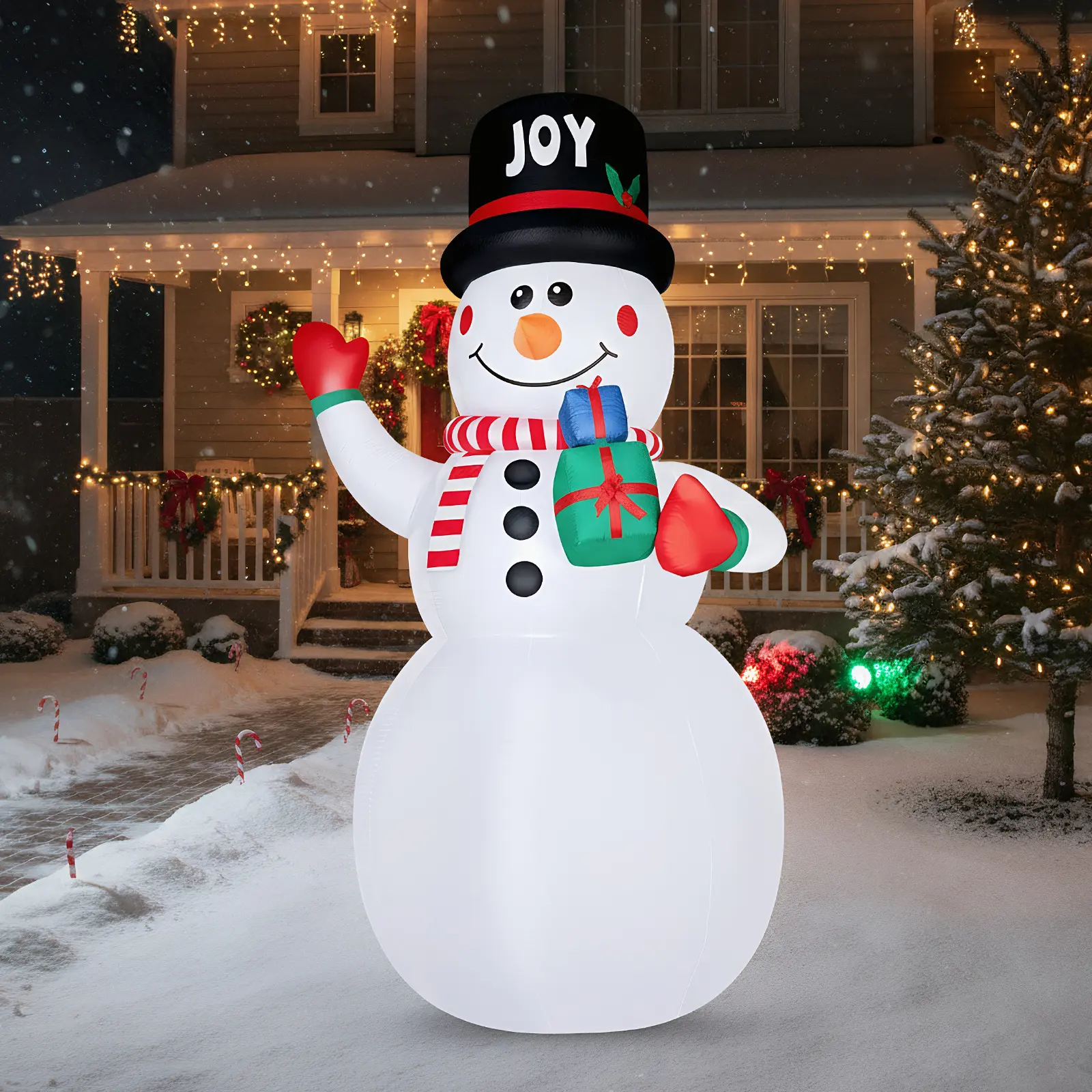 VINGLI Lighted Christmas Inflatable Decoration, Inflatable Giant Snowman Holding Gift Boxes, Funny Blow Up Yard Decorations with Built-in LED Lights for Holiday Party Front Yard Lawn Garden Decor