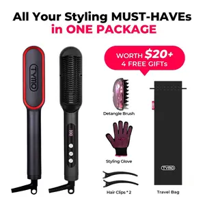 TYMO Ring Plus Ionic Hair Straightener Brush - Straightening Comb with Negative Ions, 9 Temp Settings & LED Display, Professional Styling Tools, Comfort, Salon, Black Red