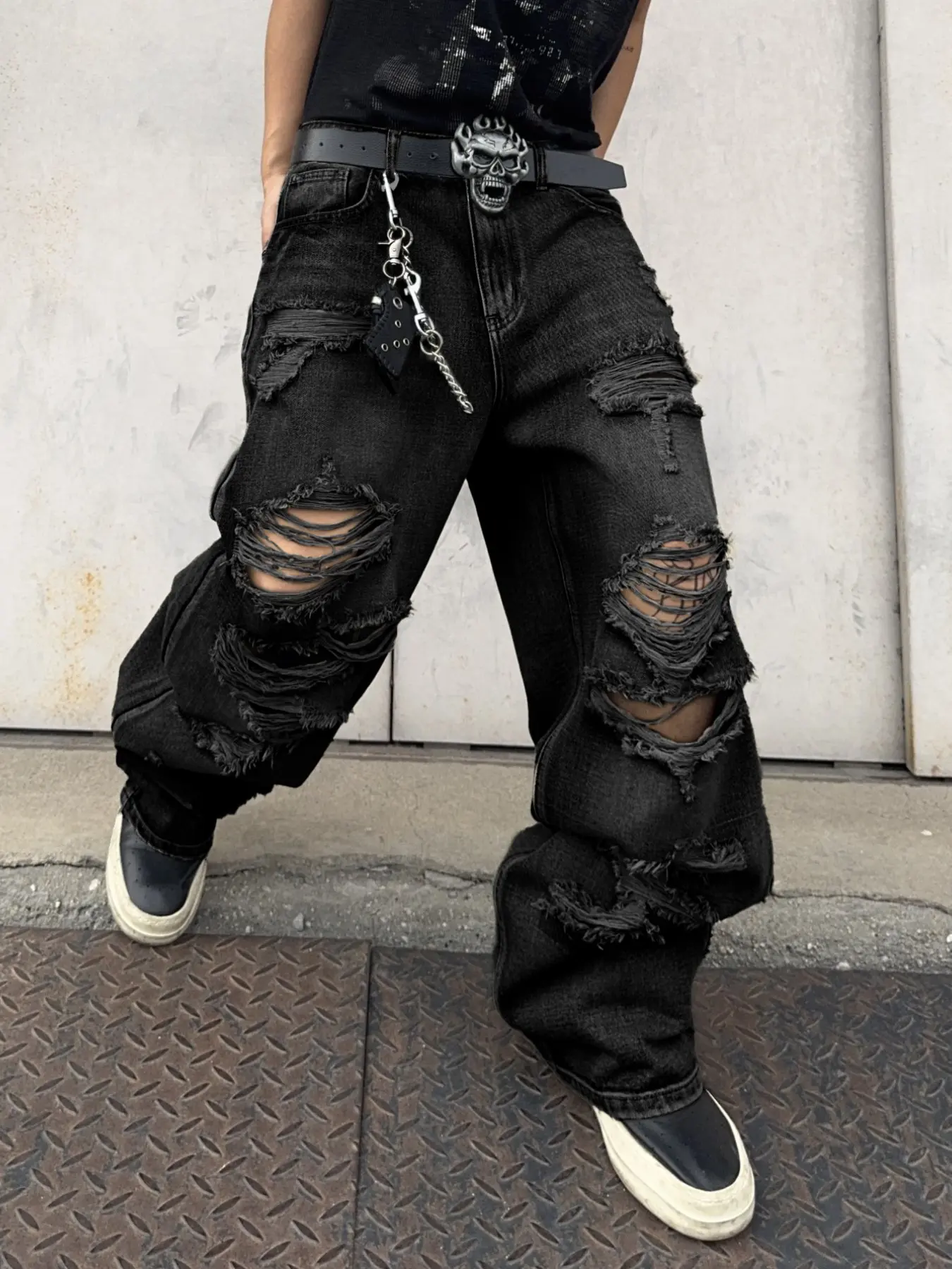 Men's Ripped Wide Leg Jeans, American Streetwear Y2K Style, Casual Daily Wear, Multiple Sizes Available, No Belt Included