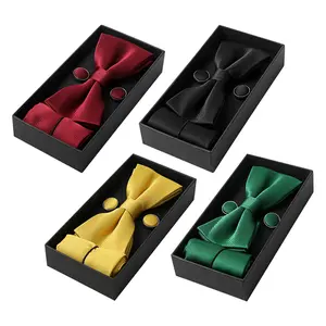 Men's Solid Tuxedo Bow Tie Set with Pocket Square & Cufflinks Elegant Gift Boxed
