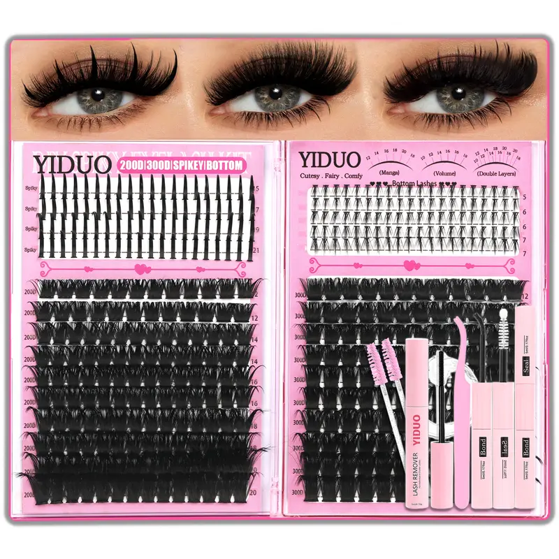 420 Pcs Eyelash Cluster Kit, Bottom & Spiky Lash Spikes, 200D/300D Volume 5-20mm D-Curvature Eyelash Clusters with Lash Bond and Seal, Brush, Tweezers & Remover, DIY At-Home Lash & Cosmetic Tools, Eye Makeup Tool