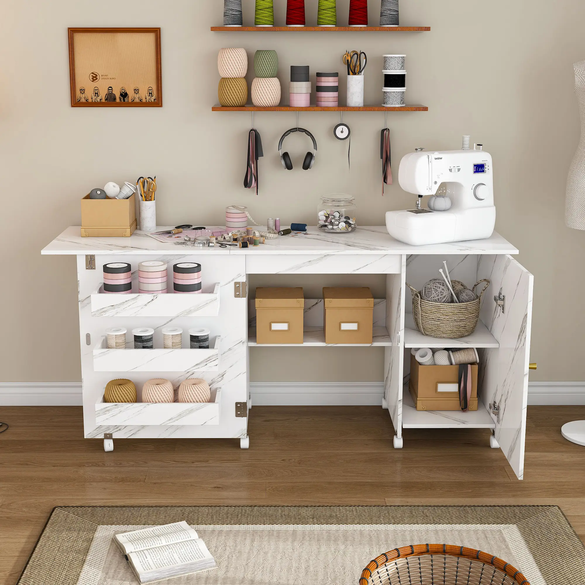 DOMISO Foldable Sewing Machine Table with Locking Casters, Multi-Storage Craft Station with Shelves, Bins & Cabinet, Adjustable Sewing Cabinet