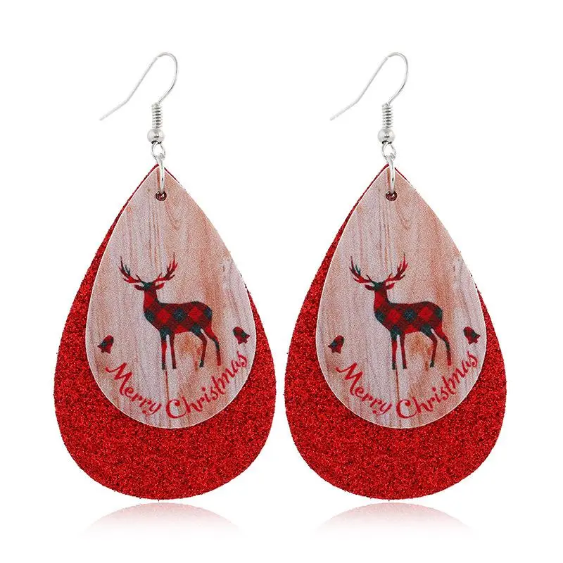 Christmas Reindeer Double Layer Leather Earrings Dangle Drop Earrings with Glitter