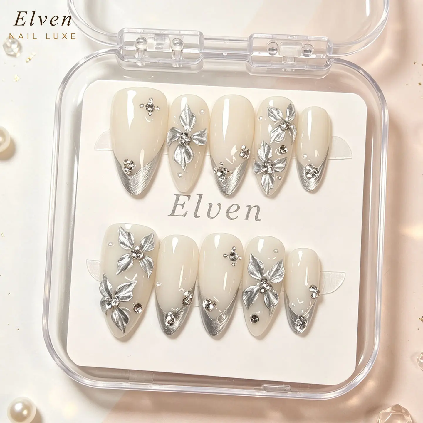 Handmade Cream White Press On Nails - Silver French Tip with 3D Metal Flower & Rhinestone, Medium Length Almond Reusable Fake Nails, Salon Quality