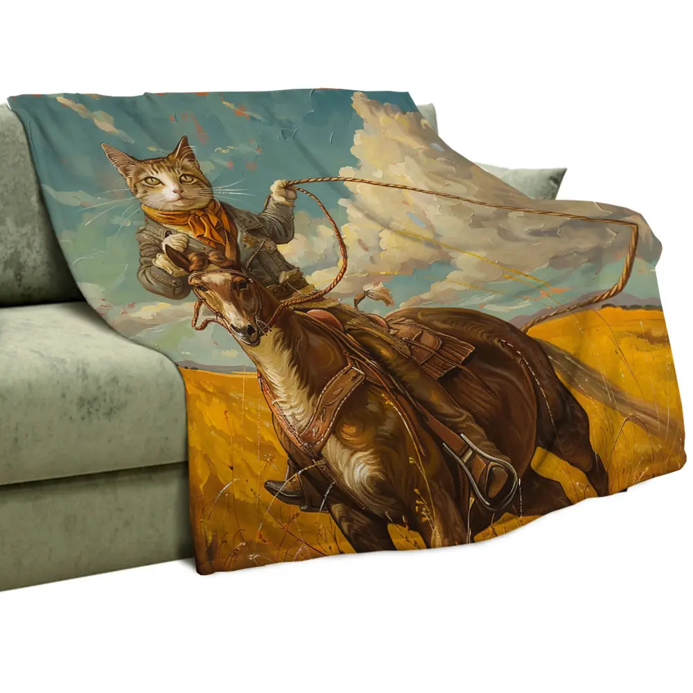 280GSM Ultra-Soft Flannel Couch Throw Blanket - Western Cowboy Theme with Horse Scenes, Cattle, Rustic Bedspread - All-Seasons Home Supply, Gift for Western Decor Enthusiasts