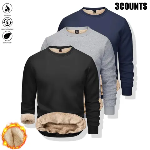 Men's 3-Pack Fitted Knit Crew Neck Long Sleeve Sweaters - Black+Gray+Blue Knitwear, Cozy Heavyweight Activewear Prep Men's Sweatshirts, Casual Cold-Ready Long Sleeve Tops for Cold Outdoor Use