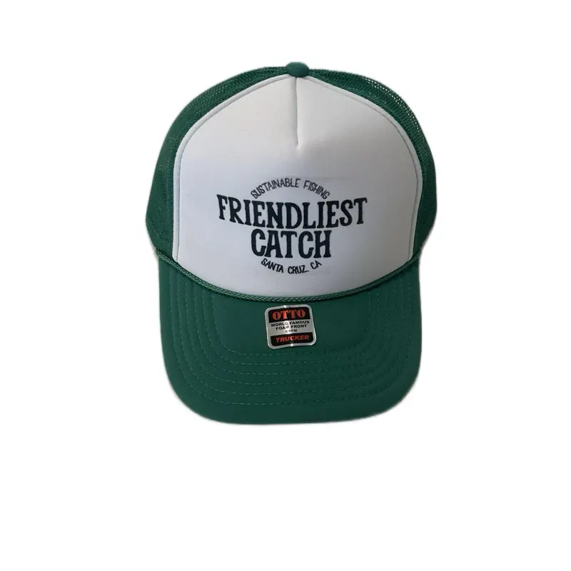 Friendliest Catch Trucker Hat - Green, Adjustable Fit, "Sustainable Fishing" & "Friendliest Catch" Text, Made in Santa Cruz, CA