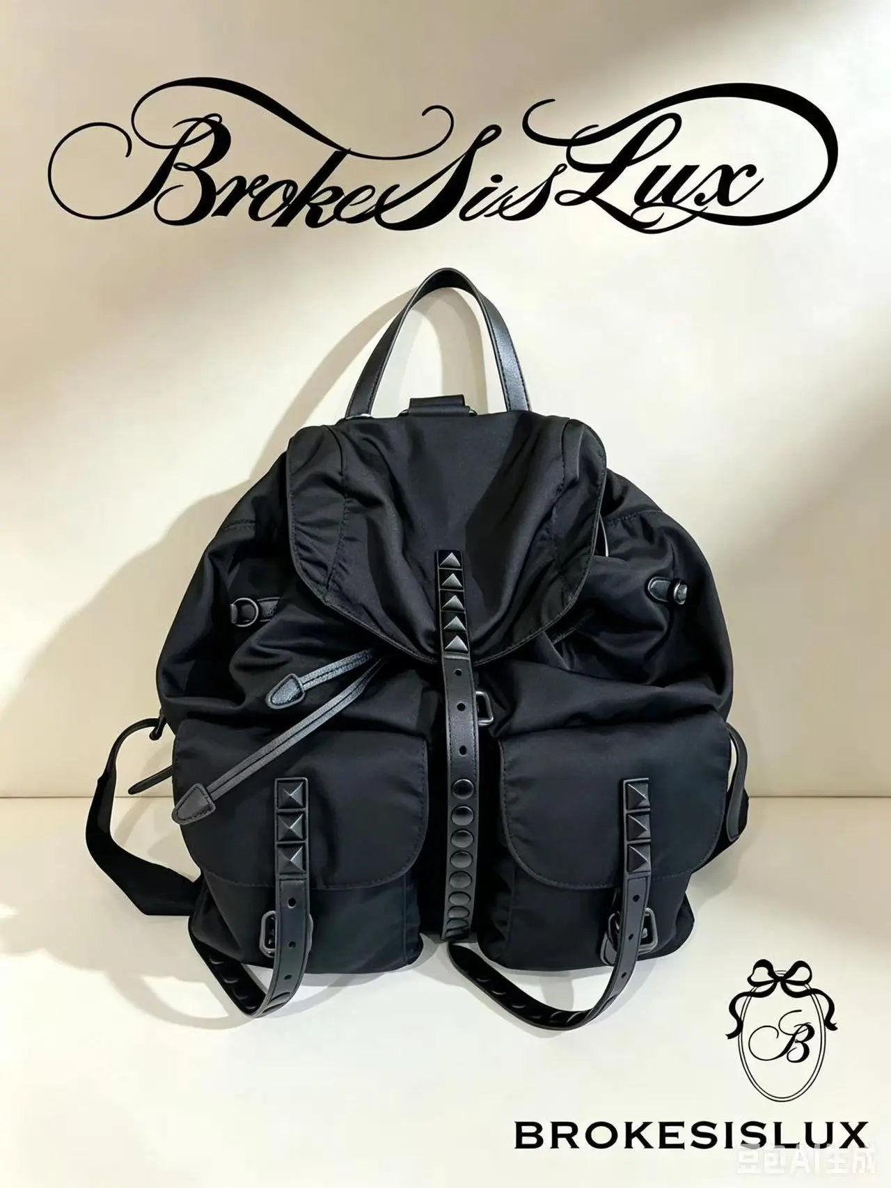 Pre-owned Valentino Garavani Black Re Nylon Rockstud Flap Backpack, Matte Stud Modern Line