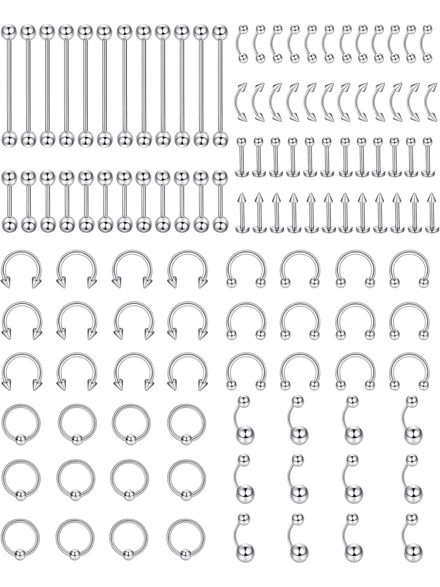 120 Pcs Body Piercings Set Stainless Steel Nose Ring Horseshoe Tongue Lip Eyebrow Tragus Body Piercing Navel Rings Barbells 14G 16G Body Piercing Kit Body Piercing Jewelry