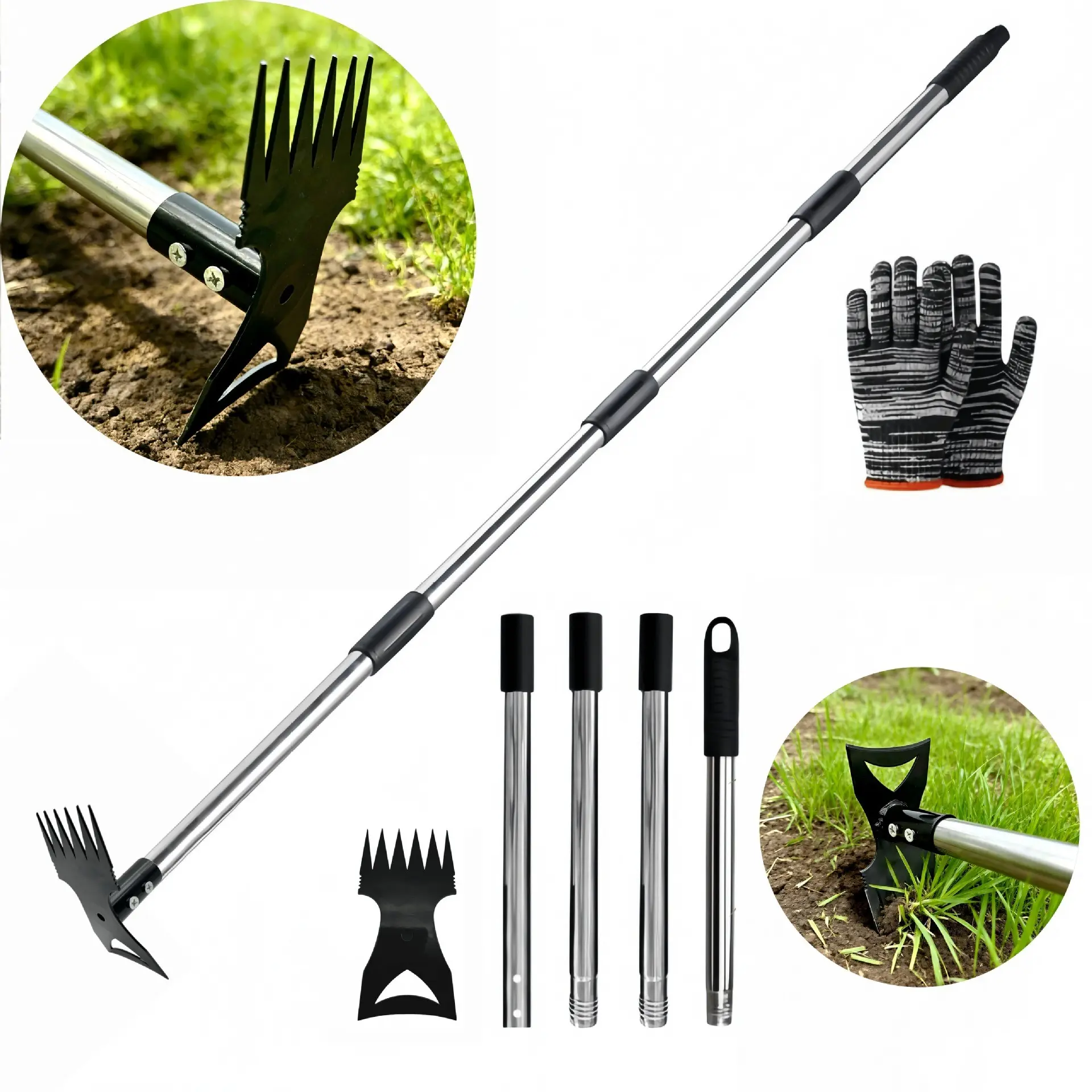 2-In-1 Stainless Steel Garden Hoe, Includes Gloves, Long Handle Weed Puller Tool with Sharp Teeth, Ideal for Gardening, Durable Gardening Tools, Lawn Tool, Gardening Yard Tool, Soil Gardening Tool