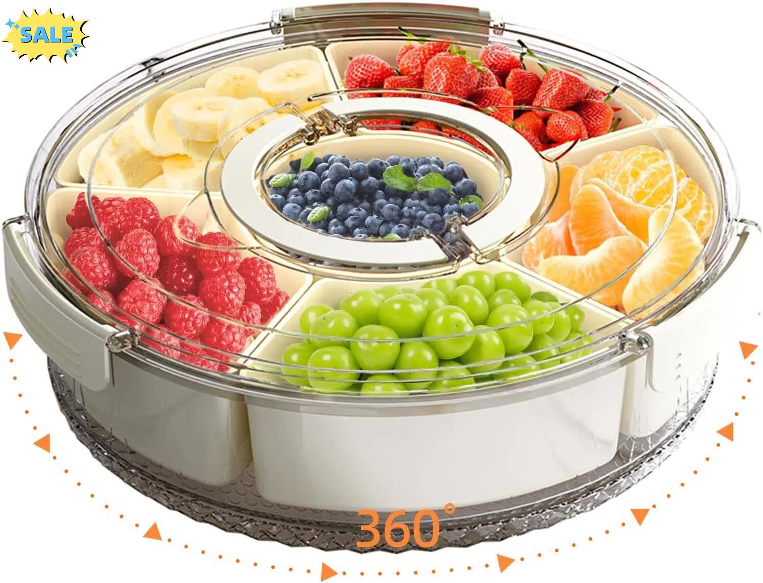 Divided Serving Tray with Lid and Handle 8-Piece Set Stackable Snack Box for Fruits Candy Organizer Portable Spinning Rounded Veggie Tray for Kitchen Party Travel Picnic Meal Prep Plate Snack Supplies