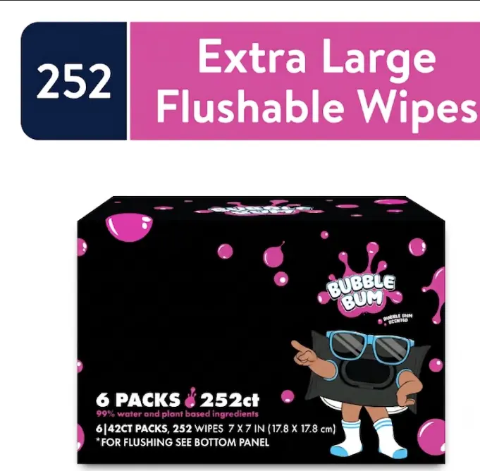 Flushable Wipes, Extra Large Bubble Bum Wet Wipes, Bubble Gum Scent, 252 Count, 6 Pack