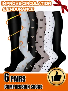6 pairs of men's and women's breathable compression socks wide calf men's and women's booster socks for circulation, running, nurses, pregnant women Support for blood circulation Various colour patterns available