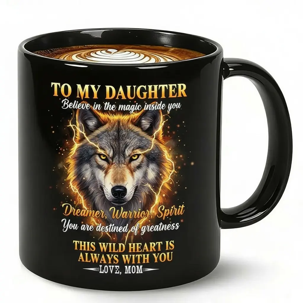 Inspirational Wolf-Themed Coffee Mug “To My Daughter – Dreamer, Warrior, Spirit: Believe in the Magic Inside You, You Are Destined of Greatness, This Wild Heart Is Always With You” – 11oz Black Ceramic Cup, Heartfelt Gift from Mom, Perfect Bi