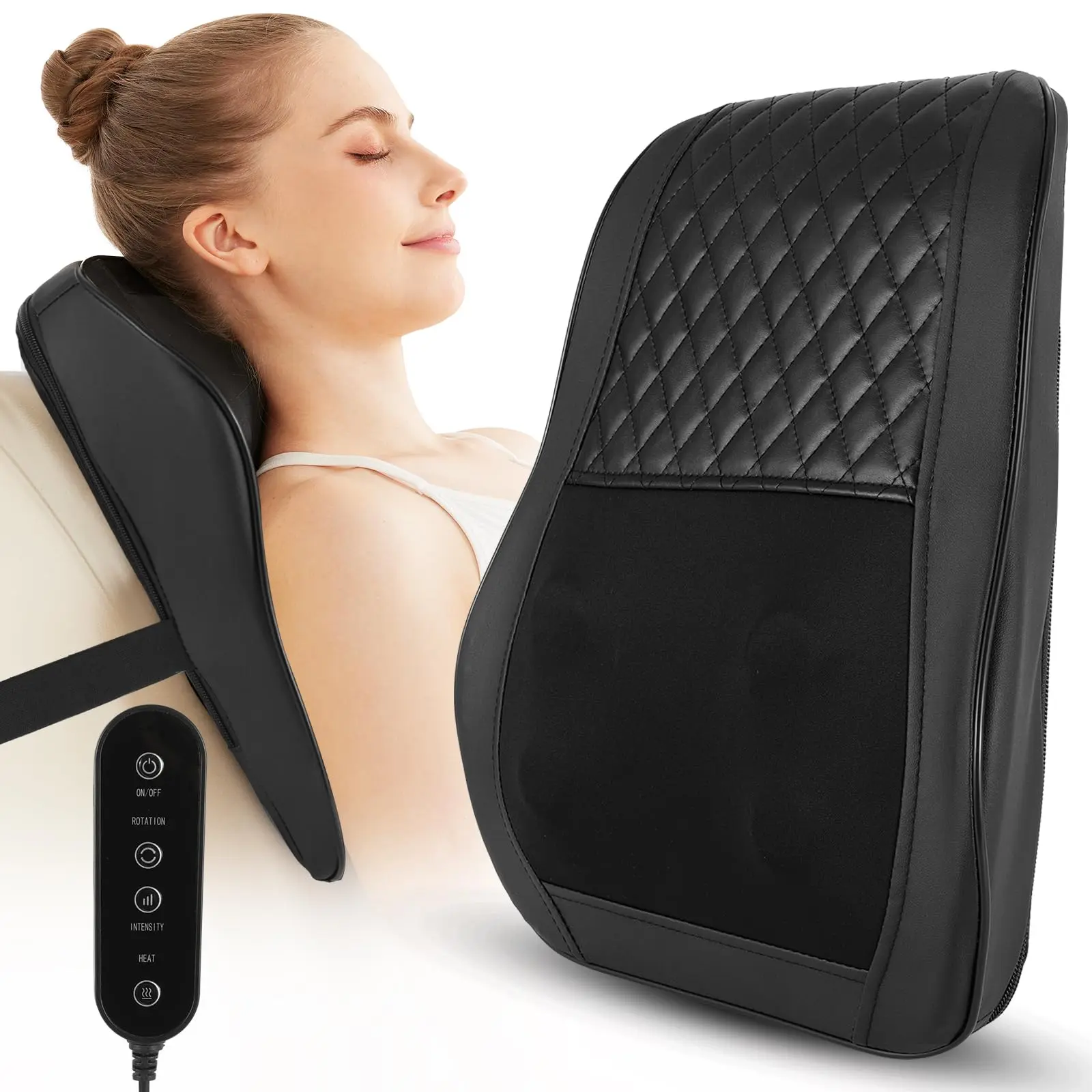 Cordless 3D Kneading Shiatsu Massage Pillow with Heat - Battery Powered Neck Pain Relief, Low Back Pain Relief Deep Tissue Massager, Self-Care Shoulder Massaging Device, Father's Day Dad Gift (Black), Heated Shiatsu