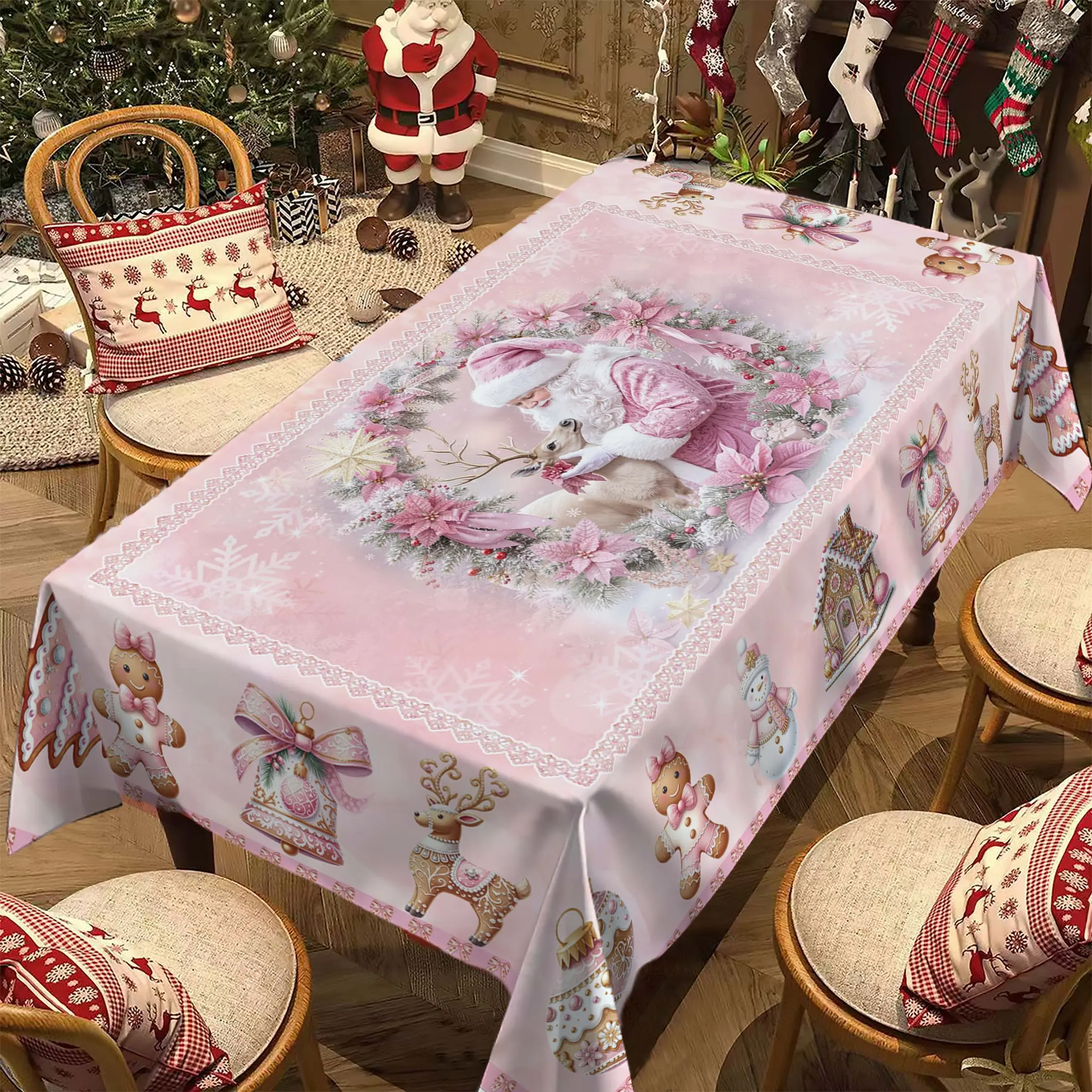 Rectangular Christmas Tablecloth, Gingerbread Man Santa Claus Table Decor, New Year Party and Dinner Decoration, Best Christmas Gift