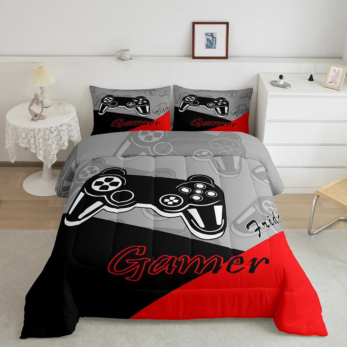 Feelyou Reversible Gaming Comforter Set - Multiple Sizes, Black Red Blue Green Gray Game Controller Gamepad Design, Soft Microfiber Decorative Bedding Set for Bedroom Decor Ideas & Room Decor, Microfiber Bedding Set