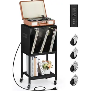 Magazine & Newspaper Holders,Black Record Player Stand with Vinyl Storage Vinyl Player Stand 3 Tier Turntable Stand with Record Storage Small Record Player Table with Album Storage Charging End Side Table for Living Room Bedroom