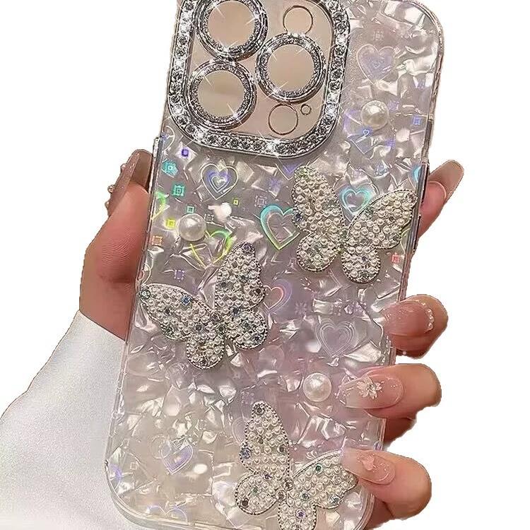 Compatible with iPhone 17 Pro Max/ 16/15/14/13 Shell pattern hand pearl bow phone case-HN312-2
