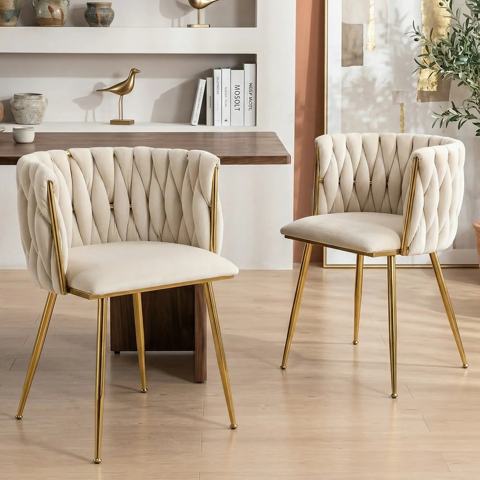 Modern Hand Weaving Dining Chairs Set of 2, Velvet Upholstered Dining Room Chairs with Gold Legs, Elegant Side Chair with Curved Backrest, Accent Chair for Dining Room, Kitchen