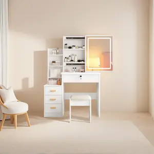 Vanity Desk with Mirror and Lights - Large Capacity Makeup Vanity ，Adjustable 3-Color Lighting,Movable Storage Cabinet, Dressing Table with Shelves and stool for Bedroom, Women