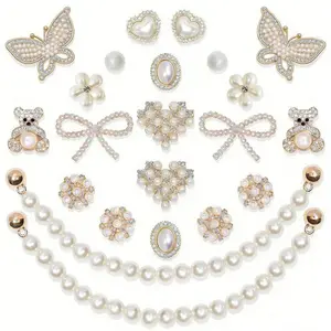 Women's 24-Pcs Sparkling Shoe Charms - Pearl, Flower, Rhinestone Shoe Chains, Bling Beauty Accessories for Party Footwear