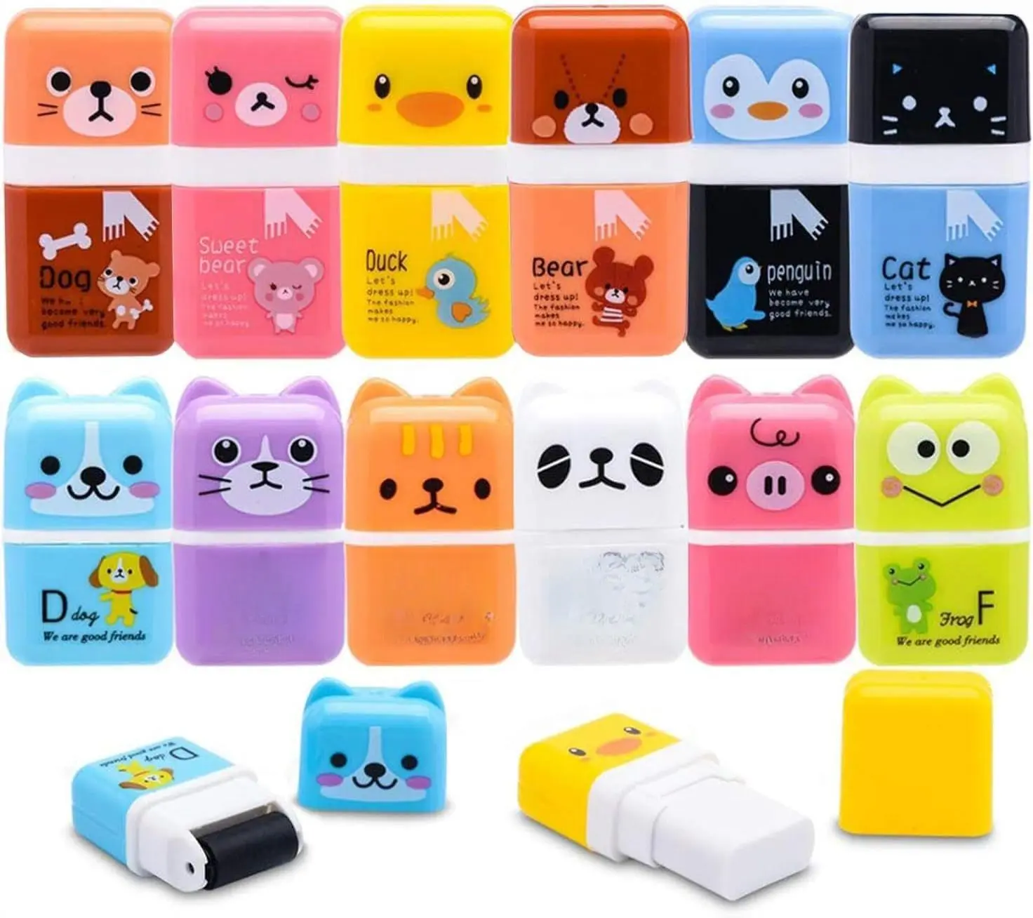 Animal Design Pencil Erasers 12‑Pack with Shaving Roller Case – Back to School Cute Favor & Office Gift, 2 Sizes, Assorted Colors Writing Stationery Art Markers